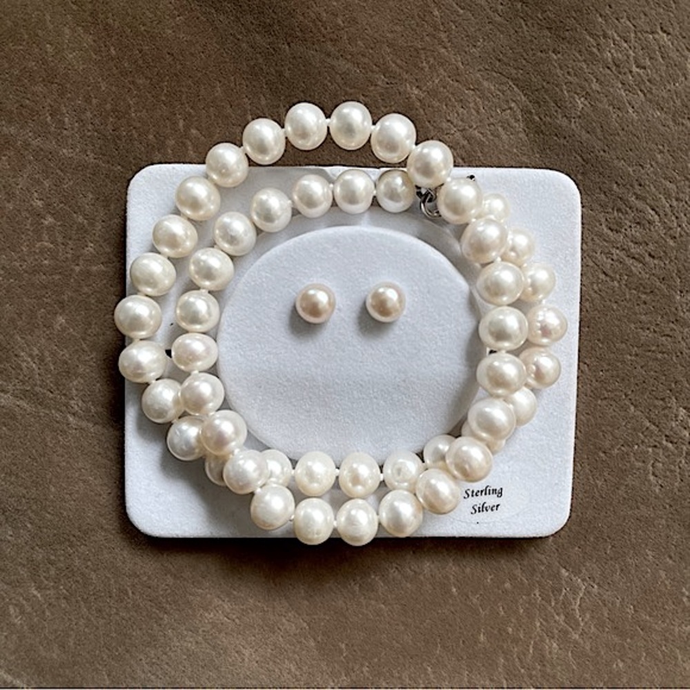 Pearl necklace and earring set - Sterling Silver
